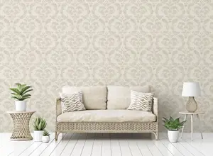 Galerie Utopia Beige Traditional Damask Sheen Finish Wallpaper Roll