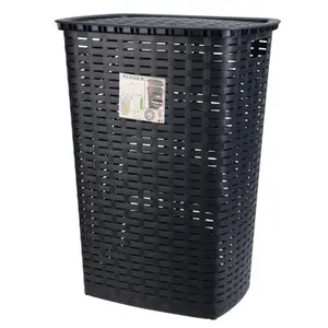 URBNLIVING Height 59cm Black 53L Plastic Rattan Style Laundry Clothes Washing Storage Basket Hamper with Lid