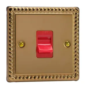 Varilight 1-Gang 45A Cooker Switch Red Insert Rope-Edge Brass