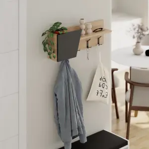 Decortie Modern Eleva Wall-Mounted Hanger Oak, Anthracite Engineered Wood with 4 Black Metal Hooks 74(D)x15.7(D)x26(H)cm