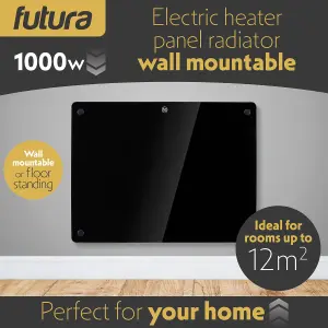 Futura Electric 1000W WIFI Glass Radiator Panel Heater Black Wall Mounted or Floor Standing Bathroom Safe, Timer and Thermostat