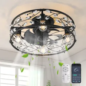 51cm Crystal Farmhouse Reversible Caged Ceiling Fan with Light Kit and Remote Control