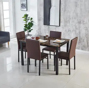 Emillia MDF Marble Effect Dining Table with 4 Faux Leather Chairs in Brown