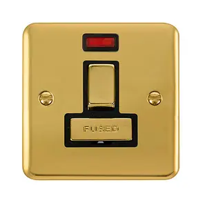 Curved Polished Brass 13A Fused Ingot Connection Unit Switched With Neon - Black Trim - SE Home