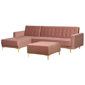 Corner Sofa with Ottoman ABERDEEN Pink Velvet Right Hand