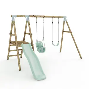 Limited Edition Rebo Double Wooden Swing Set with Slide - Odyssey - Pastel Green