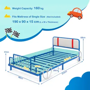 Costway Single Size Kids Bed Frame Car Shaped Platform Metal Bed Base w/ Upholstered Headboard