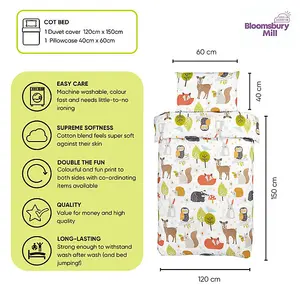 Bloomsbury Mill - Woodland Animals Kids Toddler Cot Bed Duvet Cover and Pillowcase Set - Cot Bed - 150 x 120cm