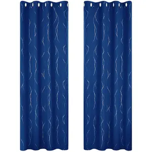 Deconovo Set of 2 Thermal Blackout Curtains, Silver Dot Pattern, Eyelet Curtains for Bedroom, 55 x 54 Inch, Royal Blue