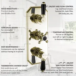 ENKI Regent English Gold Black Crosshead 3-Outlet Solid Brass Thermostatic Triple Shower Valve TSV042