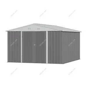 317.6cm W Grey Outdoor Garden Galvanized Steel Storage Shed with Sloped Roof Design, 10x12 ft