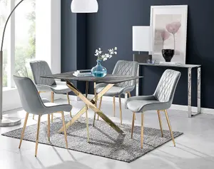 Furniturebox UK Leonardo Grey Glass Marble Effect Gold Leg Table & 4 Grey Pesaro Gold Leg Chairs