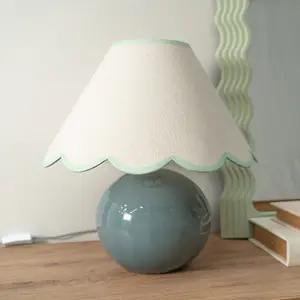 ValueLights Bosco Eucalyptus Ceramic Table Lamp with Green Trim Scallop Shade - LED Bulb Included