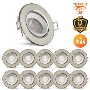 paul russells LED Downlight Brush Nickel Non-Dimmable Tiltable Recessed Spotlight 4.8W 400 Lumens IP44 Warm White 3000K Pack of 10