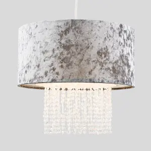 ValueLights Boland Pair of Boland Silver Grey Velvet Ceiling Pendant Light Shades with Clear Acrylic Droplets