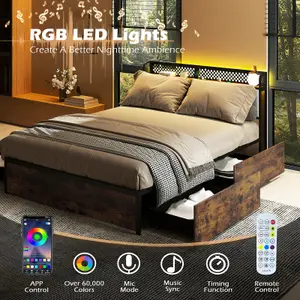 COSTWAY King Size Metal Bed Frame with LED Lights & 4 Storage Drawers