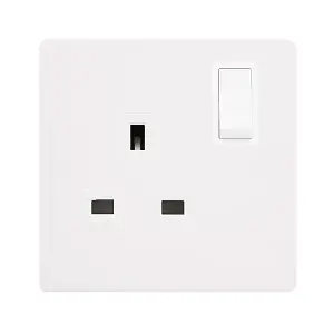 White Metal Screwless Plate 1 Gang 13A DP   Switched Plug Socket - White Trim - SE Home