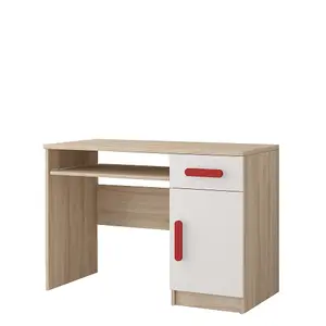 Bold Oak Sonoma and White Computer Desk H760mm W1100mm D500mm - Red Handles for Dynamic Study Areas