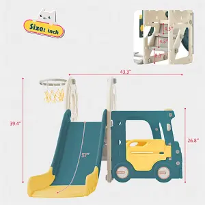 4-in-1 Kids Slide Set including Bus, Slide, Activity Ladder, Basketball Hoop and Matching Basketball