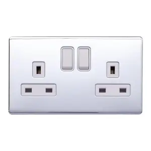 Polished Chrome Screwless Plate 13A 2 Gang Switched Plug Socket, Double Pole - White Trim - SE Home