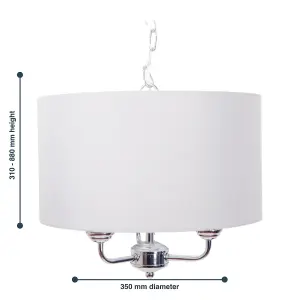 First Choice Lighting Pair of 3 Light Chrome Pendant Chandelier with Light Cream Fabric Shade