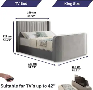 Grey Velvet Ottoman TV Bed With Storage and Hybrid Mattress