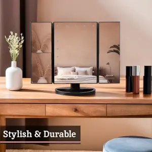 Interiors by Premier Versatile Tri Fold Black Led Table Mirror, Tri Fold Design Table Mirror, Portable Small Table Mirror