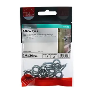 Timco - Screw Eyes - Zinc (Size 30mm - 15 Pieces)