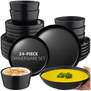 Crockery Set Una - 6 of each dinnerware, dishwasher- and microwave-safe - black 24 pc