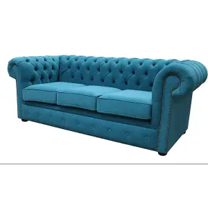 Chesterfield 3 Seater Sofa Cantare Teal Blue Easy Clean Fabric In Classic Style