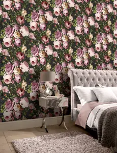 Arthouse Tapestry Floral Charcoal/Pink Wallpaper