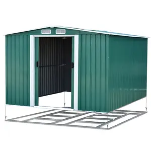 10 x 8 ft Metal Shed Garden Storage Shed Apex Roof Double Door with Base Foundation,Dark Green