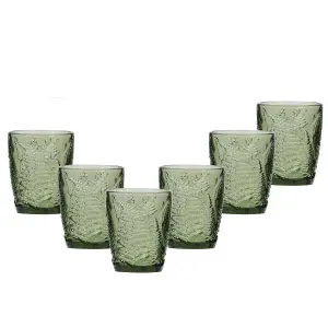 Set of 6 Vintage Luxury Green Leaf Embossed Drinking Glass Tumblers 260ml