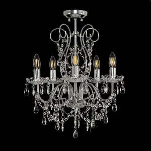 ValueLights Viscount 5 Way Silver Chrome Ceiling Light Chandelier with Lead Crystal Droplets