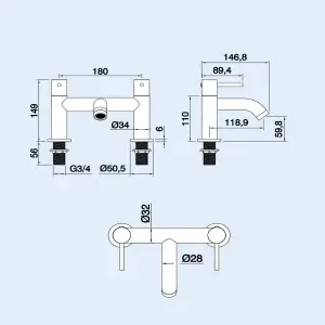 Nes Home Modern Designer Deck Mounted Brass Bath Filler Tap Matte Bla