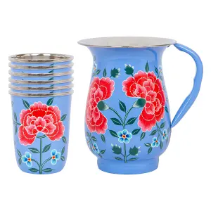 BillyCan Hand-Painted Picnic Water Jug with 300ml Cups - 1.7L - Ocean Peony