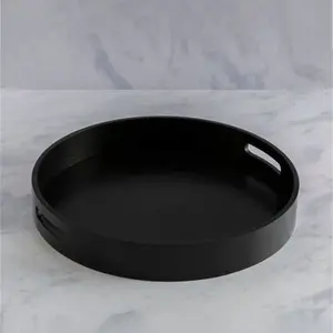 Dunelm Wooden Round Black Tray With Handles, Modern