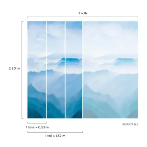 Grandeco Misty Mountain Landscape 3 panel repeatable Textured Mural, 2.8 x 1.59m Blue