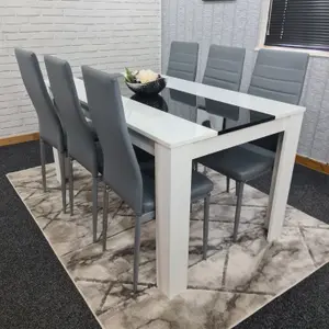 Modern White and Black Wood Dining Table With 6 Grey Faux Leather Metal Chairs