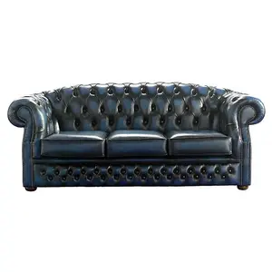 Chesterfield 3 Seater Antique Blue Leather Sofa Bespoke In Buckingham Style