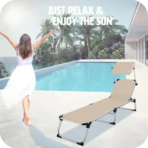 Sun Lounger Aurelie - foldable, with sunshade, 6-step adjustable backrest - beige