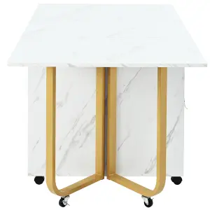 Folding Dining Table with Cupboard and 2 Drawers,  Space-saving Dining Table with 4 Supporting Legs on Gliders, White/Gold