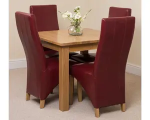 Oslo 90 x 90 cm Oak Small Dining Table and 4 Chairs Dining Set with Lola Burgundy Leather Chairs