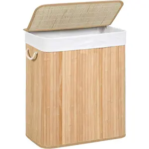 SONGMICS Laundry Basket with Lid, Laundry Basket with Removable Bag, with Clip and Handles, Foldable Laundry Basket, Wood Color