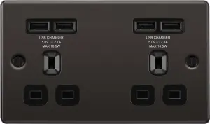 GoodHome Black Nickel Double 13A Raised rounded Unswitched Screwed Socket with USB, x4 & Black inserts