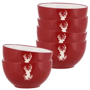 Set of 6 Red Stag Christmas Dinnerware Stoneware Bowls