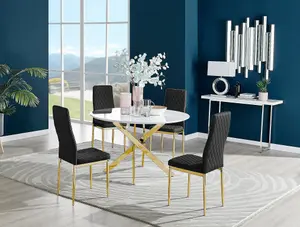 Furniturebox UK Novara White Gloss Gold Leg 120cm Round Dining Table & 4 Black Velvet Milan Gold Leg Chairs