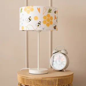 ValueLights Charles White Metal Single Stem Table Lamp with Bee Lamp Shade and LED Bulb