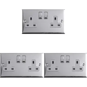 3 PACK 2 Gang Double UK Plug Socket POLISHED CHROME 13A Switched GREY Trim