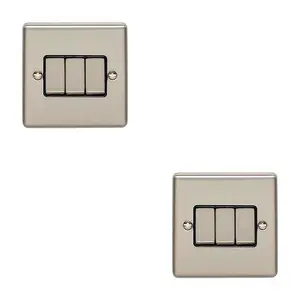 2 PACK 3 Gang Triple Metal Light Switch SATIN STEEL 2 Way 10A Black Trim